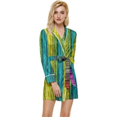 Line Rope Fiber Close Up Multicoloured Background Long Sleeve Satin Robe by Wegoenart