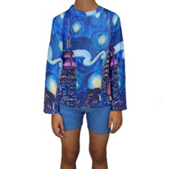 Starry Night In New York Van Gogh Manhattan Chrysler Building And Empire State Building Kids  Long Sleeve Swimwear by danenraven