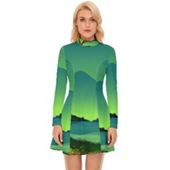 Green Landscape Illustration Nature Long Sleeve Velour Longline Dress