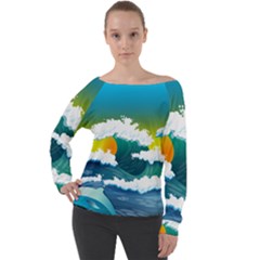 Dolphin Seagull Sea Ocean Wave Blue Water Off Shoulder Long Sleeve Velour Top by Wegoenart