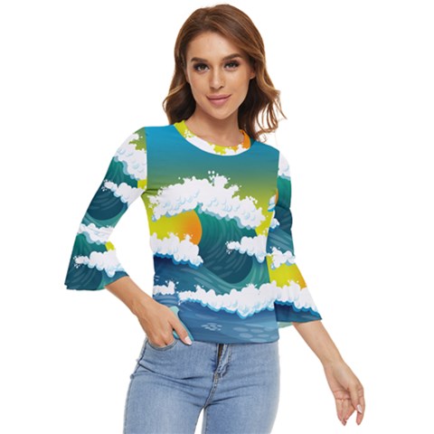 Dolphin Seagull Sea Ocean Wave Blue Water Bell Sleeve Top by Wegoenart