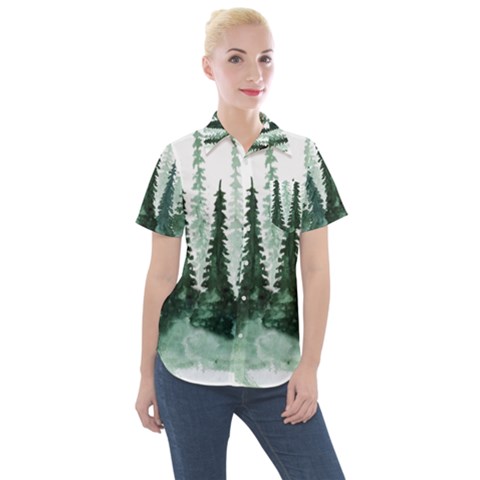 Tree Watercolor Painting Pine Forest Green  Nature Women s Short Sleeve Pocket Shirt by Wegoenart