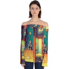 Illustration Robot Cute Sweet Futuristic Off Shoulder Long Sleeve Top by Wegoenart