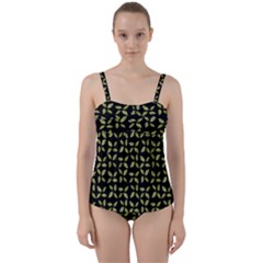 Leaves Motif Random Print Pattern Twist Front Tankini Set by dflcprintsclothing