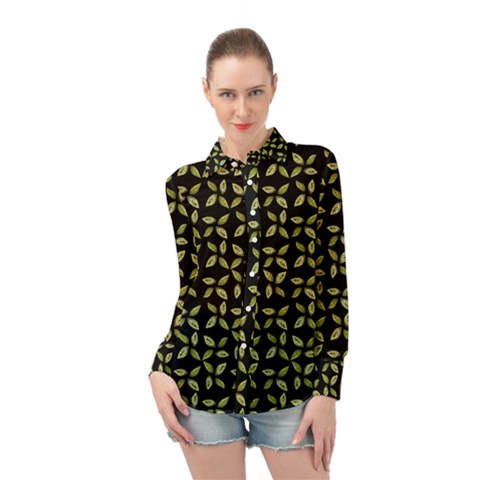 Leaves Motif Random Print Pattern Long Sleeve Chiffon Shirt by dflcprintsclothing