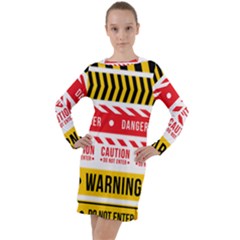 Yellow Black Warning Line Long Sleeve Hoodie Dress