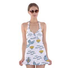 Cartoon Whale Seamless Background Pattern Halter Dress Swimsuit 