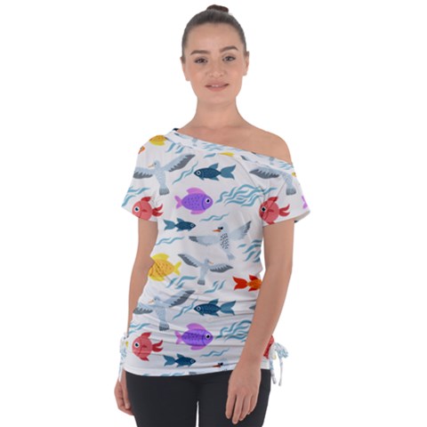 Animal Fish Bird Animals Ocean Pattern Off Shoulder Tie-up Tee by Jancukart