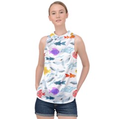 Animal Fish Bird Animals Ocean Pattern High Neck Satin Top by Jancukart