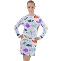 Animal Fish Bird Animals Ocean Pattern Long Sleeve Hoodie Dress by Jancukart