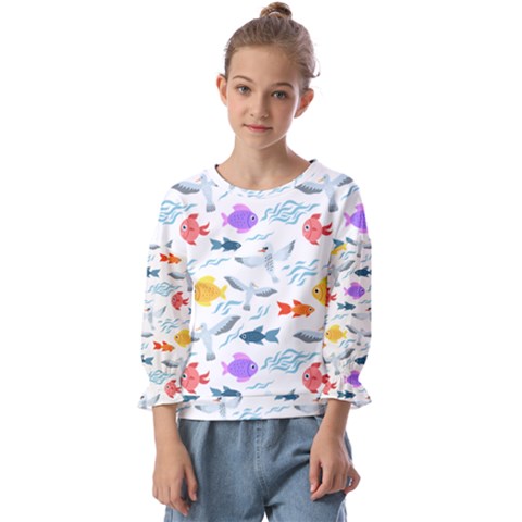 Animal Fish Bird Animals Ocean Pattern Kids  Cuff Sleeve Top by Jancukart