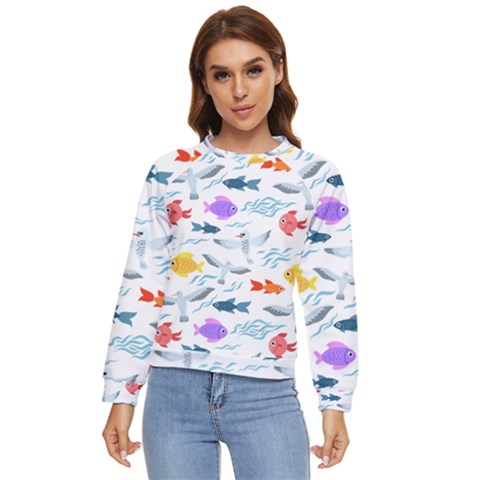 Animal Fish Bird Animals Ocean Pattern Women s Long Sleeve Raglan Tee by Jancukart