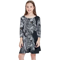 Roar Angry Male Lion Black Kids  Quarter Sleeve Skater Dress