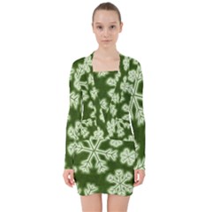 Snowflakes And Star Patterns Green Frost V-neck Bodycon Long Sleeve Dress