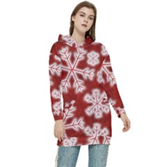 Snowflakes And Star Patterns Red Frost Women s Long Oversized Pullover Hoodie