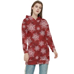 Snowflakes And Star Patternsred Snow Women s Long Oversized Pullover Hoodie