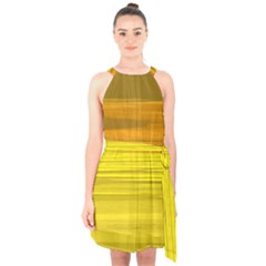 Yellow And Gold Horizontal Stripes - Abstract Art Halter Collar Waist Tie Chiffon Dress by KorokStudios