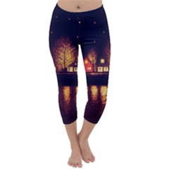 Night Houses River Bokeh Leaves Fall Autumn Capri Winter Leggings  by danenraven