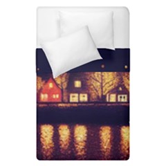 Night Houses River Bokeh Leaves Fall Autumn Duvet Cover Double Side (single Size) by danenraven