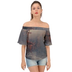 Morning River Forest Autumn Misty Morning Stream Off Shoulder Short Sleeve Top by danenraven