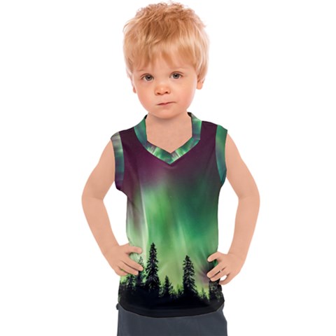 Aurora Borealis Northern Lights Forest Trees Woods Kids  Sport Tank Top by danenraven