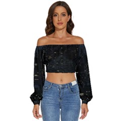 City Night Urban Downtown Science Tower Halo Long Sleeve Crinkled Weave Crop Top