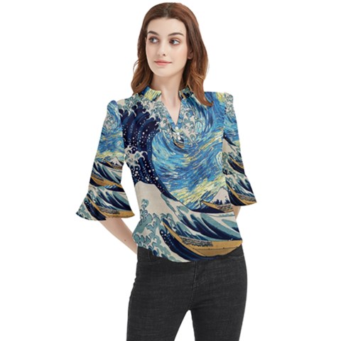 The Great Wave Of Kanagawa Painting Starry Night Vincent Van Gogh Loose Horn Sleeve Chiffon Blouse by danenraven