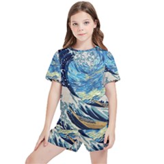 The Great Wave Of Kanagawa Painting Starry Night Vincent Van Gogh Kids  Tee And Sports Shorts Set by danenraven