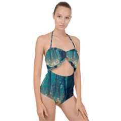 Magical Forest Forest Painting Fantasy Scallop Top Cut Out Swimsuit