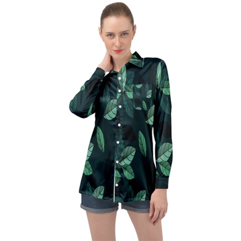 Leaves Pattern Long Sleeve Satin Shirt by artworkshop