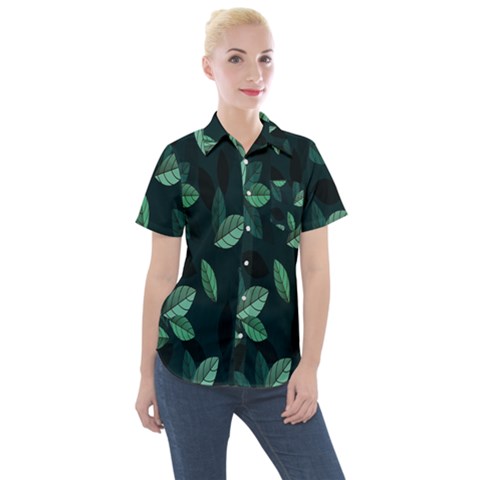 Leaves Pattern Women s Short Sleeve Pocket Shirt by artworkshop