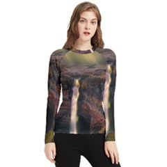 Waterfall Cascade Mountains Cliffs Northern Lights Women s Long Sleeve Rash Guard by danenraven