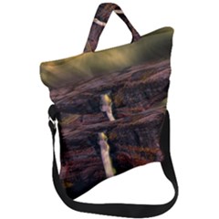 Waterfall Cascade Mountains Cliffs Northern Lights Fold Over Handle Tote Bag