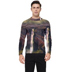 Waterfall Cascade Mountains Cliffs Northern Lights Men s Long Sleeve Rash Guard by danenraven