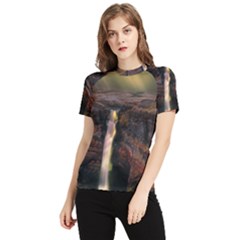 Waterfall Cascade Mountains Cliffs Northern Lights Women s Short Sleeve Rash Guard by danenraven