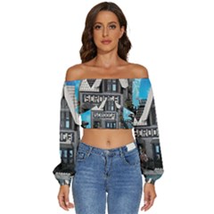 Winter Village Snow Brick Buildings Long Sleeve Crinkled Weave Crop Top