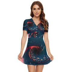 Fluid Swirl Spiral Twist Liquid Abstract Pattern V-neck High Waist Chiffon Mini Dress