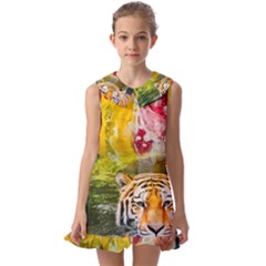 Rainbow Painted Nature Bigcat Kids  Pilgrim Collar Ruffle Hem Dress