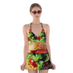 Hamburger Cheeseburger Burger 3d Render Snack Halter Dress Swimsuit  by Pakemis