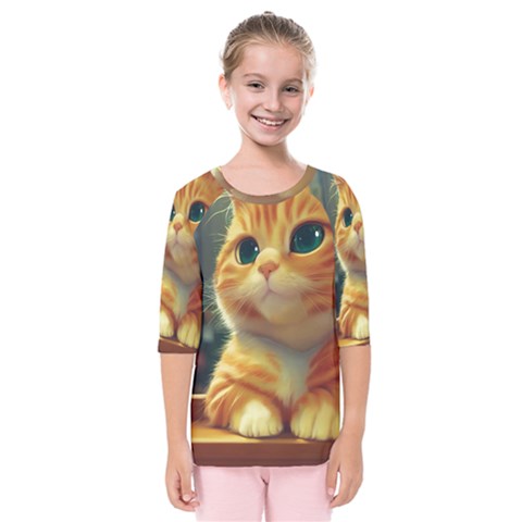 Cute Cat Cat Feline 3d Kids  Quarter Sleeve Raglan Tee by Pakemis