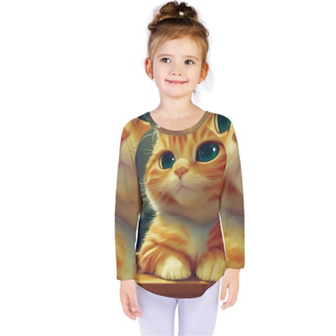 Cute Cat Cat Feline 3d Kids  Long Sleeve Tee by Pakemis