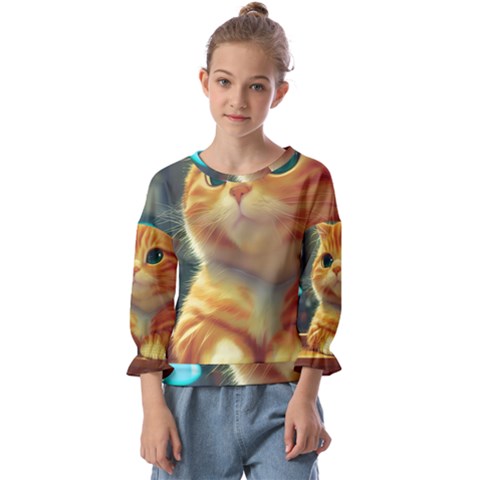 Cute Cat Cat Feline 3d Kids  Cuff Sleeve Top by Pakemis