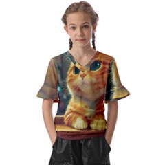 Cute Cat Cat Feline 3d Kids  V-neck Horn Sleeve Blouse by Pakemis