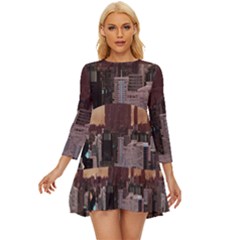 Skyline Skyscrapers Futuristic Sci-fi Panorama Long Sleeve Babydoll Dress by Pakemis