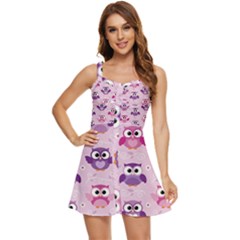 Seamless Cute Colourfull Owl Kids Pattern Ruffle Edge Bra Cup Chiffon Mini Dress