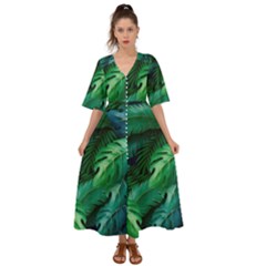 Tropical Green Leaves Background Kimono Sleeve Boho Dress by Pakemis