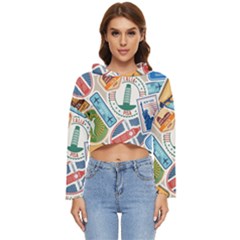 Travel Pattern Immigration Stamps Stickers With Historical Cultural Objects Travelling Visa Immigran Women s Lightweight Cropped Hoodie by Pakemis