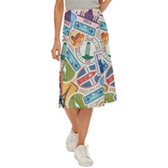 Travel Pattern Immigration Stamps Stickers With Historical Cultural Objects Travelling Visa Immigran Midi Panel Skirt