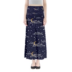 Hand Drawn Scratch Style Night Sky With Moon Cloud Space Among Stars Seamless Pattern Vector Design Full Length Maxi Skirt by Pakemis