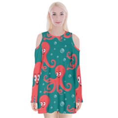 Cute Smiling Red Octopus Swimming Underwater Velvet Long Sleeve Shoulder Cutout Dress by Pakemis